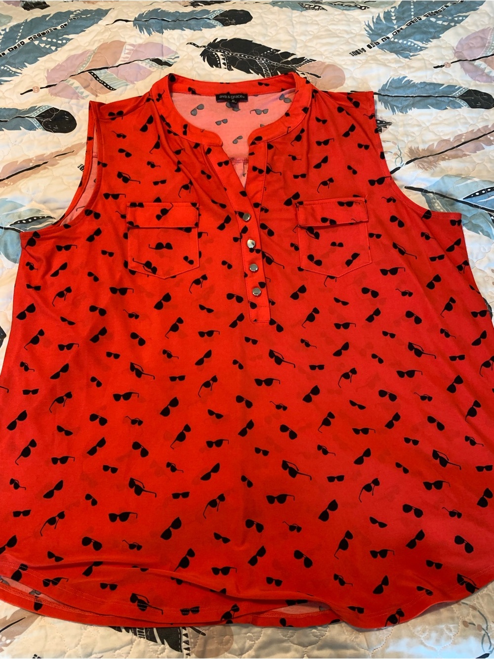 Dark Coral/Red Sleeveless Popover Top with Sunglasses Print